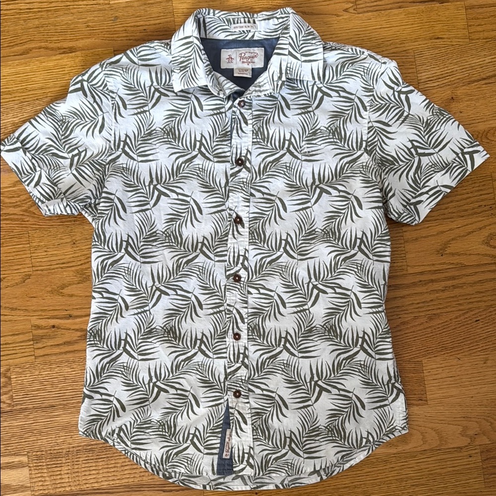 Original Penguin Green Leaf Print Men's Hawaiian Button Down Slim Fit Shirt Sz S